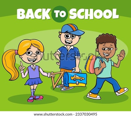 Cartoon illustration of elementary age children characters with Back to School caption