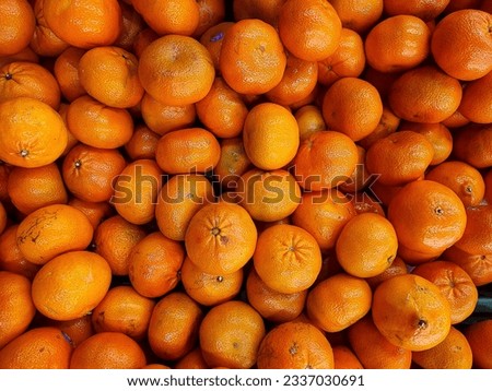 Tangerines, oranges on the counter of a fruit market 