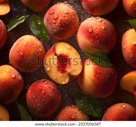 Creative fruits vegetable concept. Fresh peach peaches glistering with water droplet. flat lay top view Royalty-Free Stock Photo #2337036587