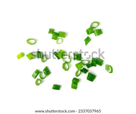Green Onion Cuts Isolated, Scattered Fresh Chive Pile, Chopped Green Leek, Scallion Greens Pieces Chopped Chives, Spring Onion on White Background Top View Royalty-Free Stock Photo #2337037965