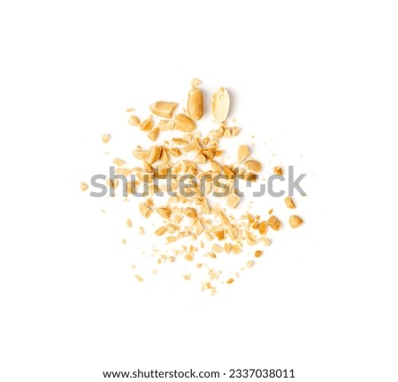 Crumbled Peanuts Isolated, Broken Roasted Arachis Nuts, Heap of Pea Nut Crumbs, Whole Groundnut Pieces, Peanut Fractions Top View on White Background Royalty-Free Stock Photo #2337038011