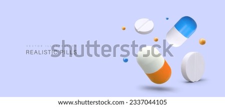 3d poster with realistic medicine. Realistic round pills, capsules in different positions. Web page for online pharmacy store. Vector illustration with purple background Royalty-Free Stock Photo #2337044105