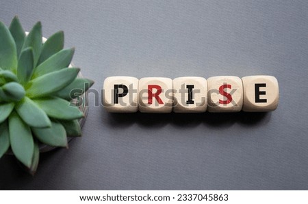 Prise symbol. Wooden cubes with word Prise. Beautiful grey background with succulent plant. Businessman abd Prise concept. Copy space. Conceptual word