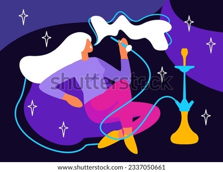 Female resting in pub and smoking tobacco. Lounge club, traditional oriental leisure for women. Concept of tobacco smoking. Flat vector illustration in purple and pink colors