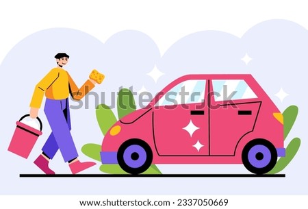 Male holding bucket and sponge and going to clean auto. Place for auto transport wash. Clean dirt on machine under high water pressure. Flat vector illustration in cartoon style