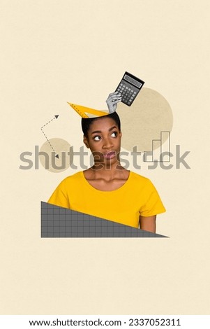 Vertical collage picture of minded person black white colors arm inside head hold calculator triangular isolated on beige color background