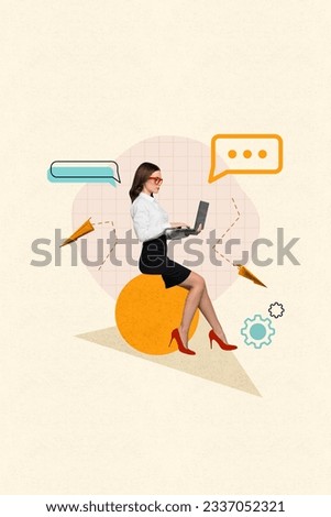 Vertical photo picture image collage business lady working remote chatting send message airplane repairing isolated on beige background