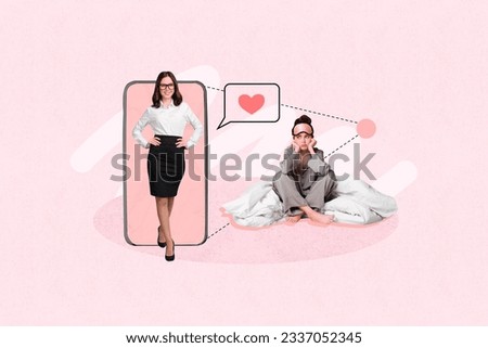 Creative collage of mini positive elegant unsatisfied pajama girls big smart phone display like notification isolated on pink background