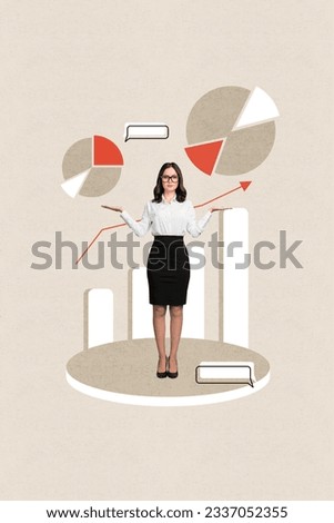 Vertical photo template collage business concept young lady formalwear hold arms showing diagrams financier isolated on beige background