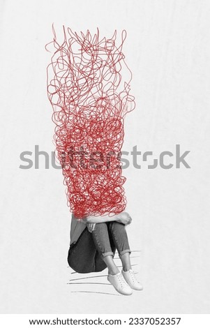 Photo collage artwork minimal picture of stressed depressed lady feeling doubts frustration isolated white color background