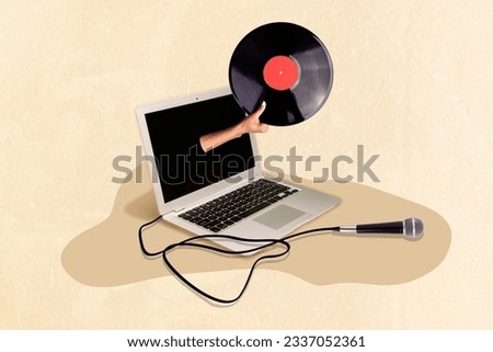 Creative composite collage photo of arm holding vinyl record from screen of laptop music streaming services isolated painted background
