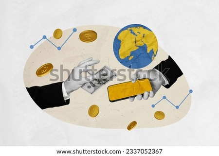 Creative poster collage of businessman hands holding dollar banknote device ecommerce online business planet earth earn money sell Royalty-Free Stock Photo #2337052367