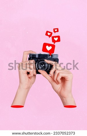 Collage 3d image of pinup pop retro sketch of hands holding retro vintage camera social media photo like heart icon photographer Royalty-Free Stock Photo #2337052373