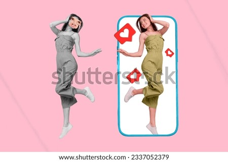Composite collage image of young female fake social media impression fake content heart icon notification smartphone screen display