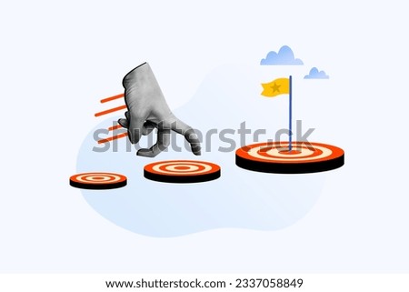 Creative composite artwork illustration photo collage of human hand fast run up to flag achieving goals isolated on drawing background Royalty-Free Stock Photo #2337058849