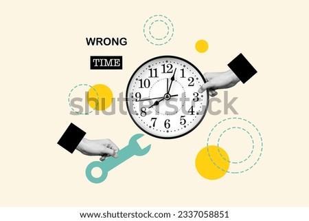 Creative composite template photo collage of hands holding wrench repairing clock showing wrong time isolated on painted background Royalty-Free Stock Photo #2337058851