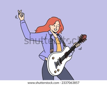 Woman with guitar plays rock music at concert and enjoys creative hobby and winks looking at screen. Happy young girl with white guitar is casting for popular musical television show