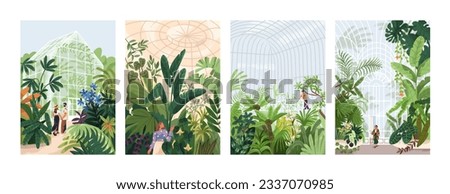 Botanical garden, green leaves, foliage plants. People walking in natural greenhouses with lush vegetation, cards backgrounds set. Greenery, orangery, nature in glasshouses. Flat vector illustrations Royalty-Free Stock Photo #2337070985