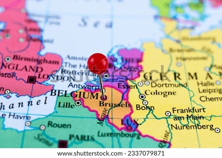 Brussels map. Close up of Brussels map with red pin. Map with red pin point of Brussels in England. Royalty-Free Stock Photo #2337079871
