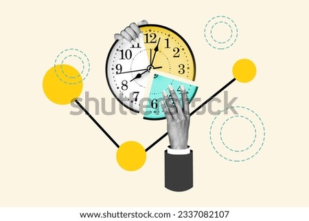 Composite collage picture of black white colors arms hold wall watch clock diagram piece isolated on drawing beige background