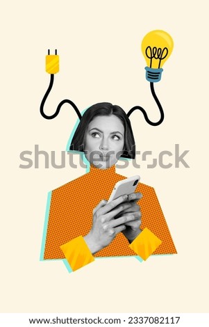 Vertical collage picture of black white colors minded girl hold smart phone light bulb plug cord head isolated on beige background Royalty-Free Stock Photo #2337082117