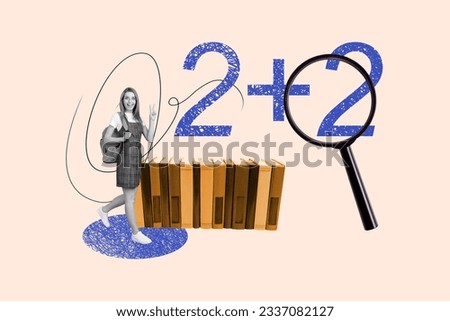 Artwork collage image of mini black white effect girl walking showing v-sign huge book magnifier lens loupe maths numbers