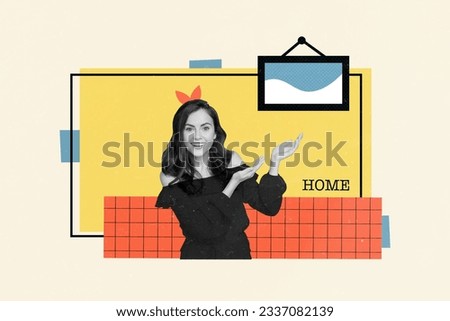 Creative collage picture of black white colors cheerful girl demonstrate home interior isolated on painted background