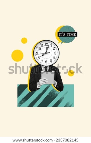 Vertical collage of black white effect elegant man watch clock instead head its time bubble use tablet isolated on painted background