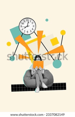 Vertical collage image of black white effect girl sit beanbag hold opened book cover face wall watch clock isolated on painted background