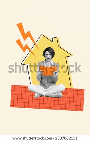 Vertical collage picture of impressed black white colors girl read book drawing house building lightning isolated on beige background