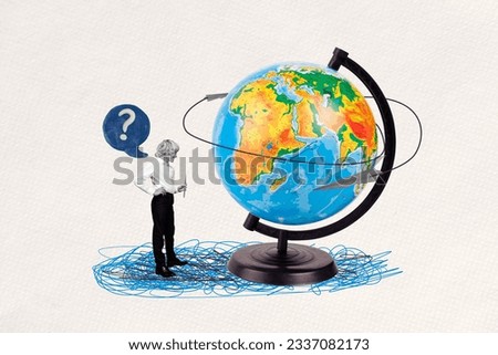 Artwork collage of mini black white colors boy hold pointer plasticine mind bubble question mark big planet earth globe flying aircraft