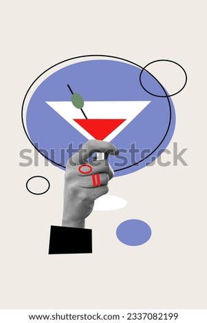 Vertical collage image of black white colors arm hold martini alcohol cocktail glass isolated on drawing background