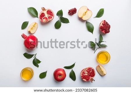 Rosh hashanah concept. Frame made of symbols jewish New Year holiday Traditional. Top view with copy space. Royalty-Free Stock Photo #2337082605