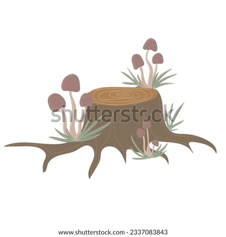 Simple tree stump with mushroom. Hand drawn stylized element for autumn decorative design, halloween invitation, harvest or thanksgiving. Vector illustration