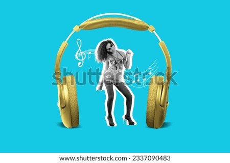 Photo collage of woman dancing inside big headphones