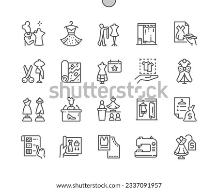 Fashion designer. Women garment. Fashion week. Dressing room, mannequin. Pixel Perfect Vector Thin Line Icons. Simple Minimal Pictogram Royalty-Free Stock Photo #2337091957