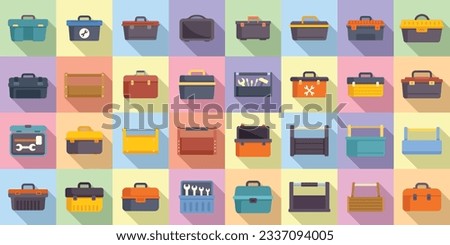 Toolbox icons set flat vector. Repair kit. Wooden safety Royalty-Free Stock Photo #2337094005