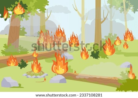 Wildfire in forest because of bonfire vector illustration. Summer heat, drought and cigarettes causing forest fires and destruction. Natural disaster, global warming, fire danger concept