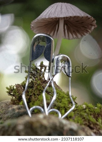Macro still life photo of pins sitting together on moss under mushrooms with bokeh back screen. Random focus