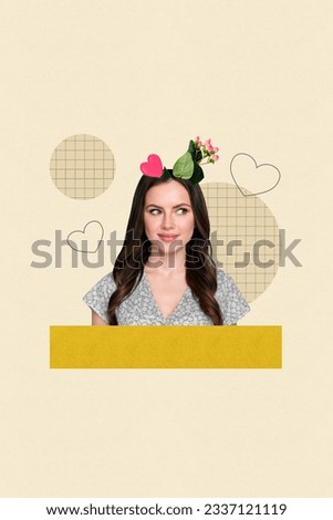 3d retro abstract template collage of happy smiling lady thinking 14 february presents isolated beige color background
