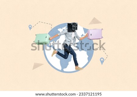 Photo collage artwork picture of funky guy retro camera instead head running excursion isolated beige color background