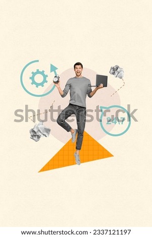 Vertical billboard collage of funny workaholic businessman hold laptop with timer reminder around clock isolated on beige background