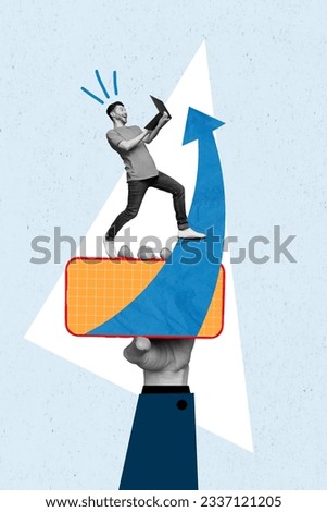 Vertical collage of funny businessman young age hold laptop his project investment growth arrow phone display isolated on blue background