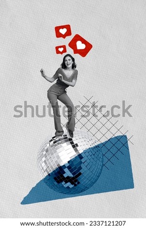 Collage artwork picture of dancing careless young lady overjoyed shiny disco ball blogger occasion party isolated on grey color background