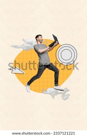 Vertical collage picture of excited guy jump run use netbook arrow pointer cursor target board clouds sky isolated on creative background