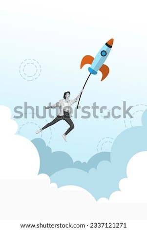 Vertical collage image of black white effect girl arm hold hang spaceship rocket flying clouds sky isolated on painted background