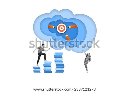 Collage picture of black white colors mini girl point finger guy climb stairs up darts board target cloud pencil isolated on painted background