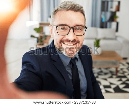 Selfie, smile and business man in office for profile picture, photo or relax on break. Portrait, happy and guy ceo influencer pose for podcast, blog or social media post at work with content creation