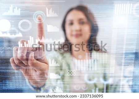 Business woman, press hologram chart and finger for financial data analysis, stats and stock market information. Futuristic trading, 3D ux overlay and graph for research, growth and vision in agency