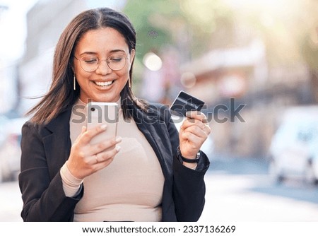 Woman, credit card and phone in street with smile for deal, sale or discount on payment for online shopping. Girl, smartphone and fintech for cybersecurity, e commerce and thinking for choice on app